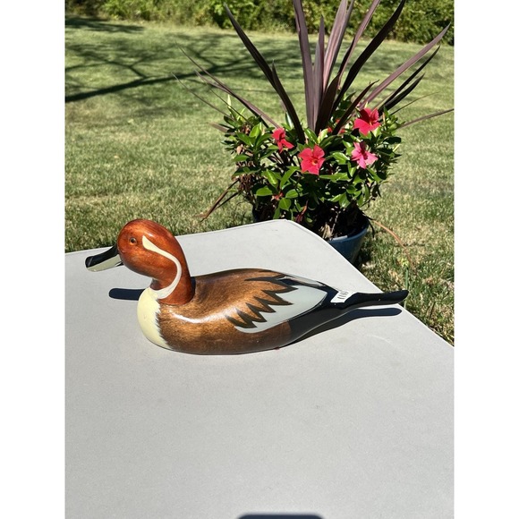 VTG Fetco Hand Carved Hand Painted Wooden Duck Decoy Glass Eyes 16" Bill To Tail - Picture 2 of 16
